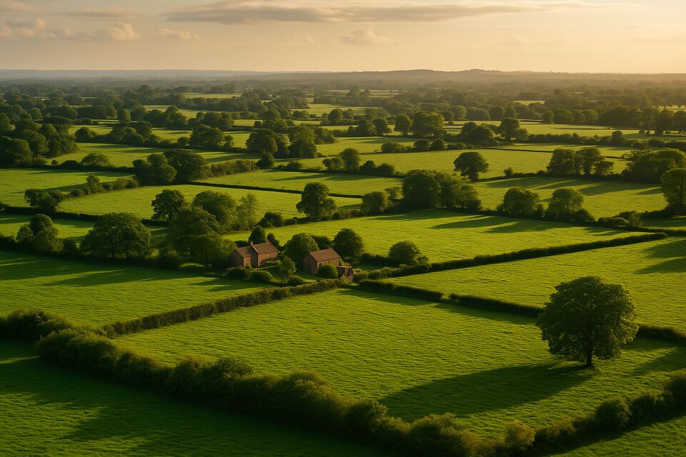 Aerial view of the Cheshire countryside showing open Green Belt fields, 30% planning experts