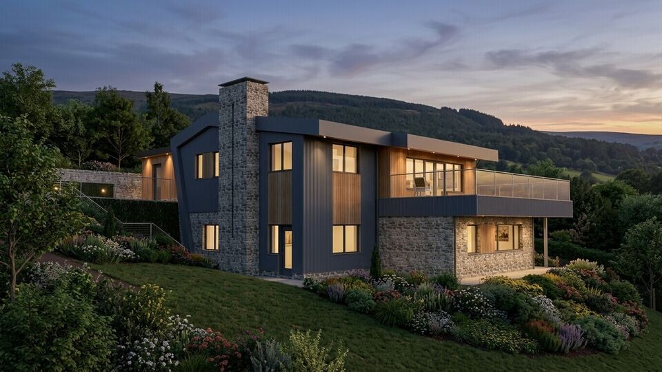 Contemporary Hillside Replacement Dwelling Architecture overlooking the Dee Valley and backdropped by Moel Morfydd with stonework walls, natural timber and feature sinusoidal metal cladding.