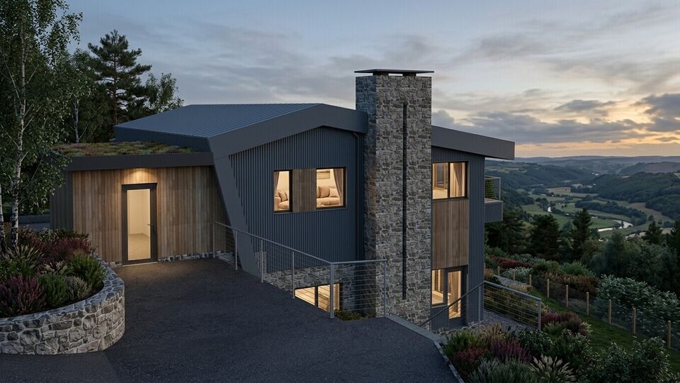 Contemporary Hillside Replacement Dwelling Split-Level Architecture overlooking the Dee Valley with stonework walls, natural timber and feature sinusoidal metal cladding.