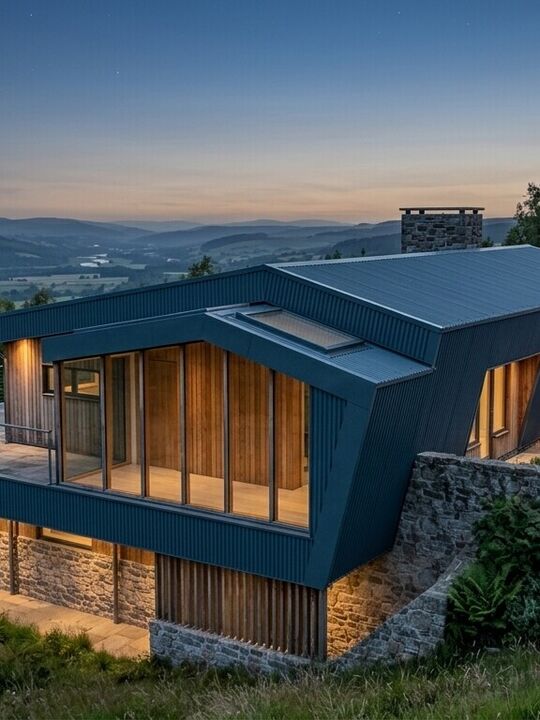 Contemporary Hillside Replacement Dwelling Architecture overlooking the Dee Valley with stonework walls, natural timber and feature sinusoidal metal cladding.