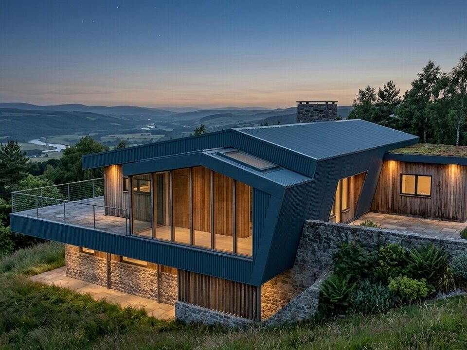 Contemporary Hillside Replacement Dwelling Architecture overlooking the Dee Valley with stonework walls, natural timber and feature sinusoidal metal cladding.