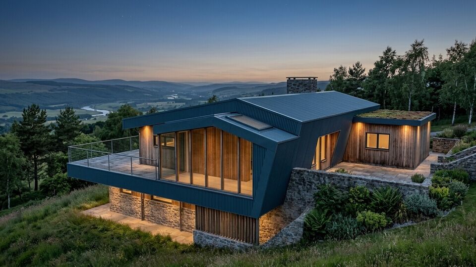 Contemporary Hillside Replacement Dwelling Architecture overlooking the Dee Valley with stonework walls, natural timber and feature sinusoidal metal cladding.