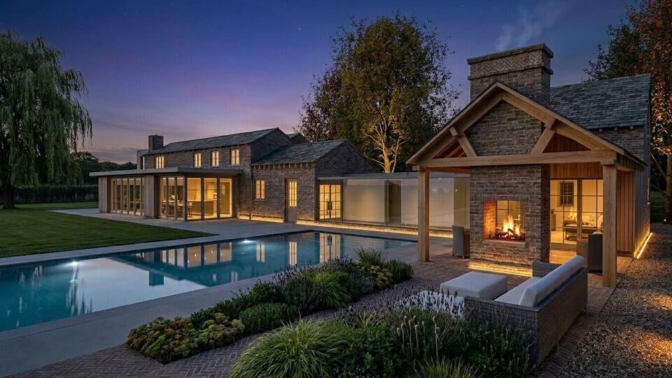 Poolside view of Luxury extension to a Cheshire cottage featuring panoramic floor-to-ceiling glass link, outdoor swimming pool and outdoor fireplace.